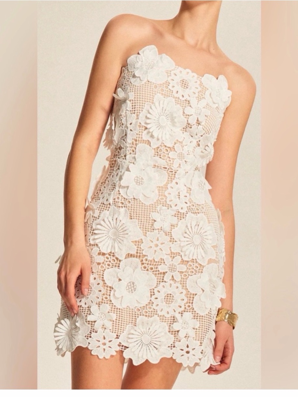 White Floral Lace Strapless Dress